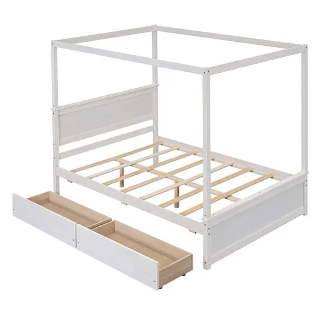 Alt view image 3 of 7 - Wood Canopy Bed With Two Drawers, Full Size Canopy Platform Bed With Support Slats .No Box Spring Needed, Brushed White