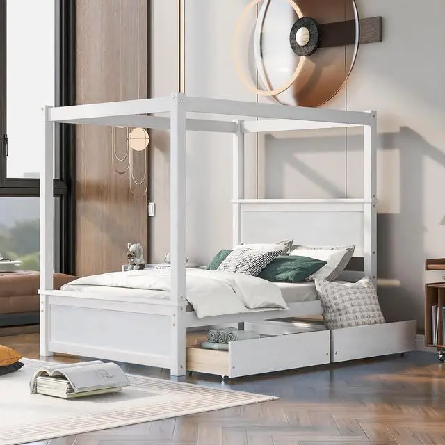 Main image of Wood Canopy Bed With Two Drawers, Full Size Canopy Platform Bed With Support Slats .No Box Spring Needed, Brushed White