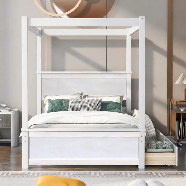 Alt view image 2 of 7 - Wood Canopy Bed With Two Drawers, Full Size Canopy Platform Bed With Support Slats .No Box Spring Needed, Brushed White