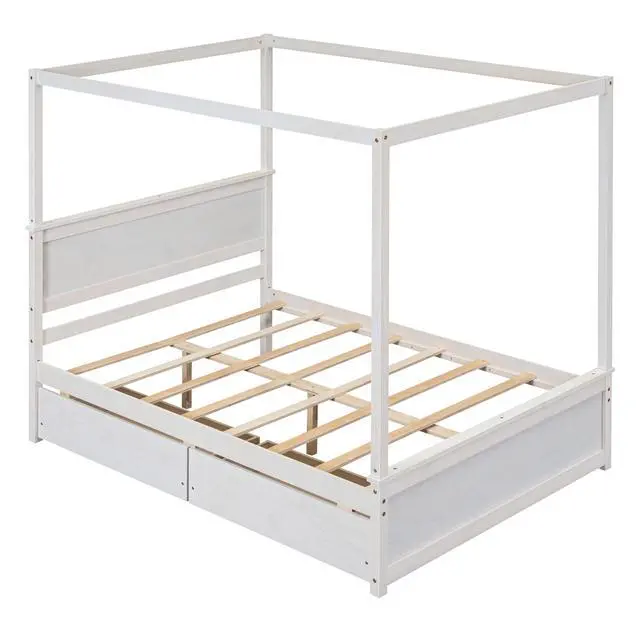 Alt view image 4 of 7 - Wood Canopy Bed With Two Drawers, Full Size Canopy Platform Bed With Support Slats .No Box Spring Needed, Brushed White