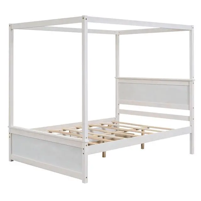 Alt view image 5 of 7 - Wood Canopy Bed With Two Drawers, Full Size Canopy Platform Bed With Support Slats .No Box Spring Needed, Brushed White