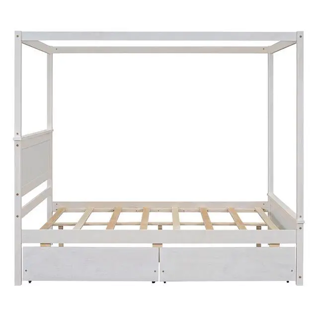 Alt view image 7 of 7 - Wood Canopy Bed With Two Drawers, Full Size Canopy Platform Bed With Support Slats .No Box Spring Needed, Brushed White