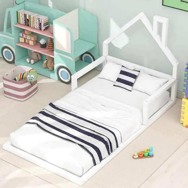 Alt view image 2 of 7 - Twin Size Wood Floor Bed With House-Shaped Headboard, White