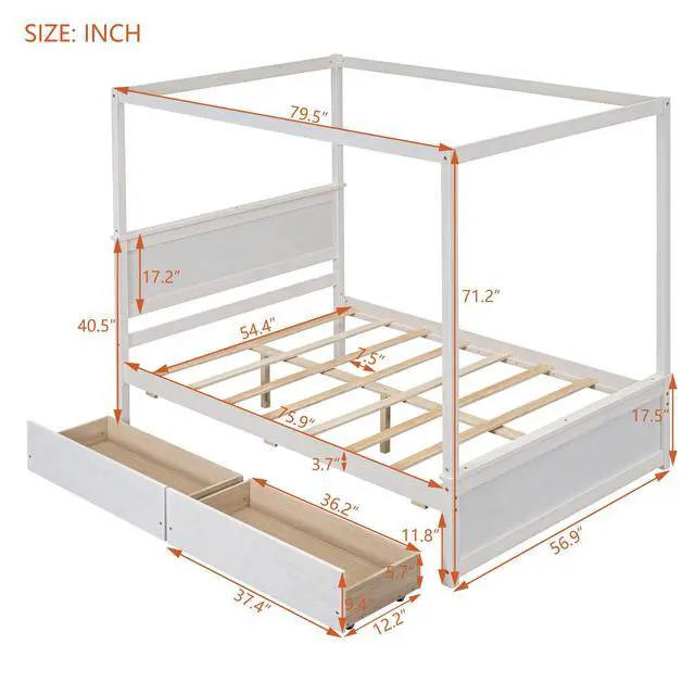 Alt view image 6 of 7 - Wood Canopy Bed With Two Drawers, Full Size Canopy Platform Bed With Support Slats .No Box Spring Needed, Brushed White
