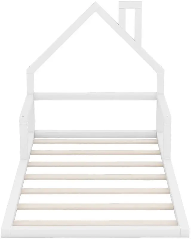 Main image of Twin Size Wood Floor Bed With House-Shaped Headboard, White