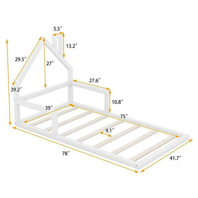 Alt view image 3 of 7 - Twin Size Wood Floor Bed With House-Shaped Headboard, White