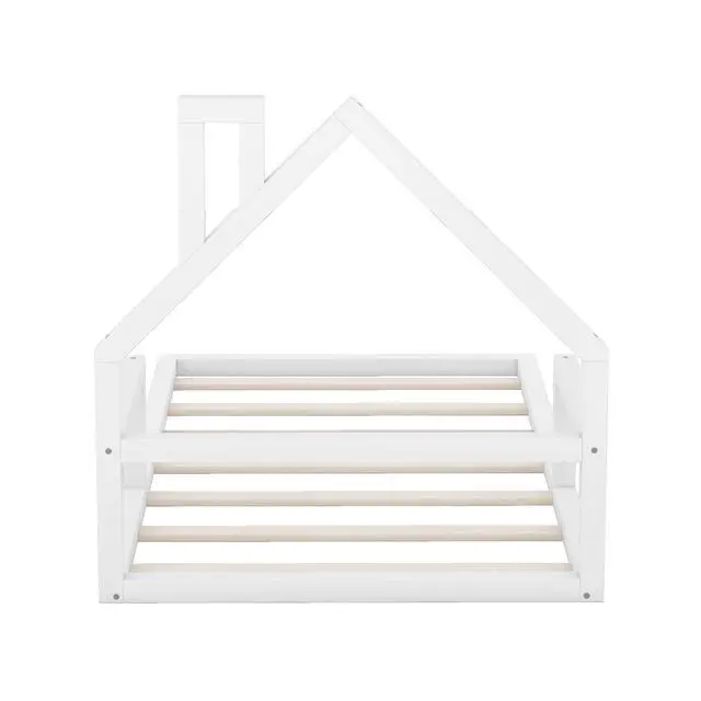 Alt view image 6 of 7 - Twin Size Wood Floor Bed With House-Shaped Headboard, White
