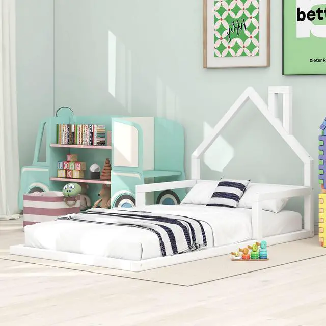 Alt view image 4 of 7 - Twin Size Wood Floor Bed With House-Shaped Headboard, White