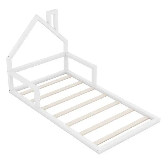 Alt view image 7 of 7 - Twin Size Wood Floor Bed With House-Shaped Headboard, White