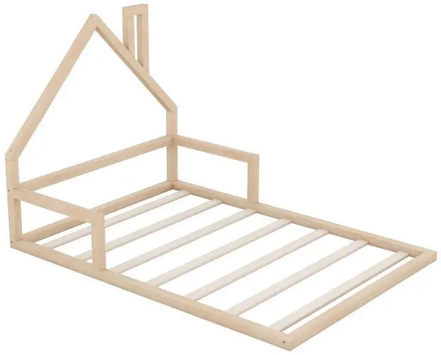 Main image of Full Size Wood Floor Bed With House-Shaped Headboard, Natural