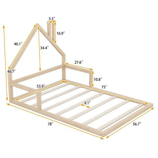 Alt view image 3 of 7 - Full Size Wood Floor Bed With House-Shaped Headboard, Natural