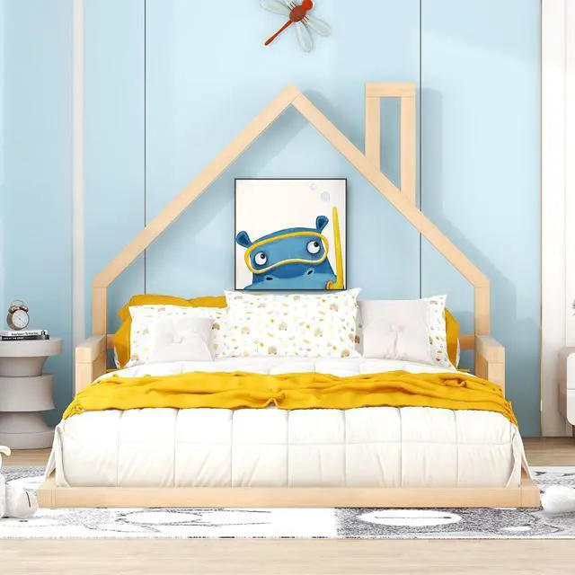 Alt view image 5 of 7 - Full Size Wood Floor Bed With House-Shaped Headboard, Natural