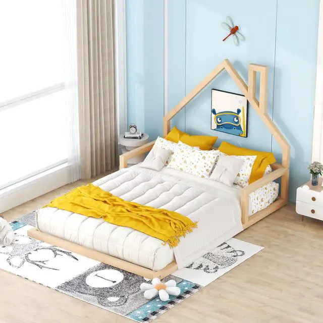 Alt view image 2 of 7 - Full Size Wood Floor Bed With House-Shaped Headboard, Natural