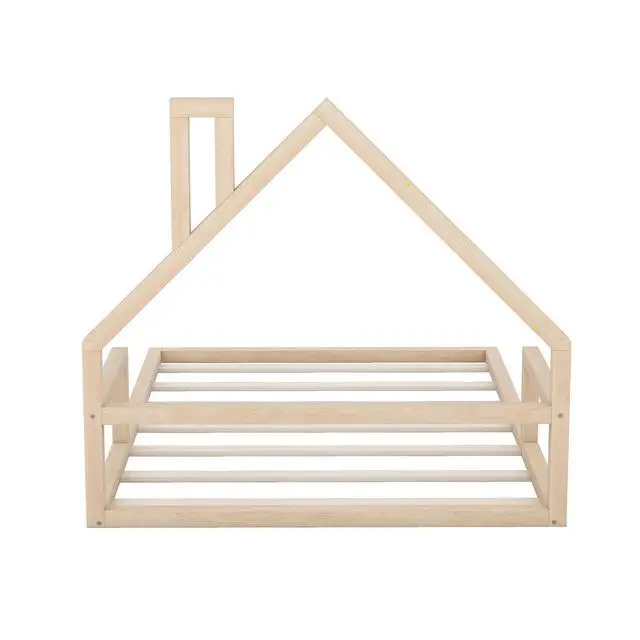 Alt view image 6 of 7 - Full Size Wood Floor Bed With House-Shaped Headboard, Natural