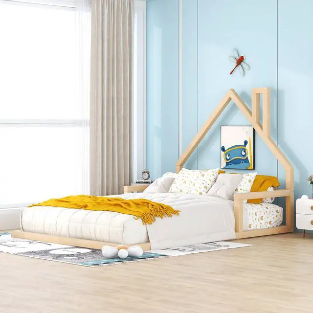 Alt view image 4 of 7 - Full Size Wood Floor Bed With House-Shaped Headboard, Natural