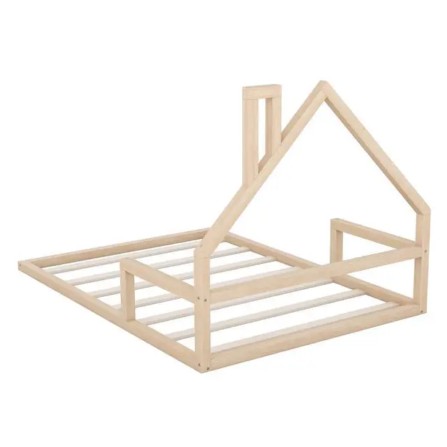 Alt view image 7 of 7 - Full Size Wood Floor Bed With House-Shaped Headboard, Natural