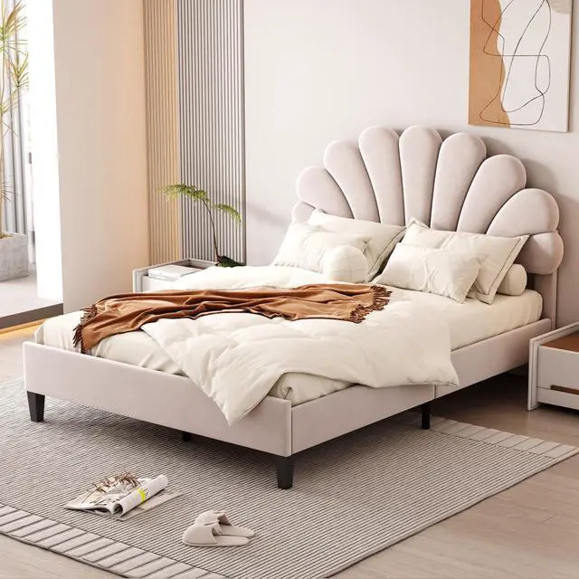 Alt view image 2 of 7 - Full Size Upholstered Platform Bed With Flower Pattern Velvet Headboard, Beige
