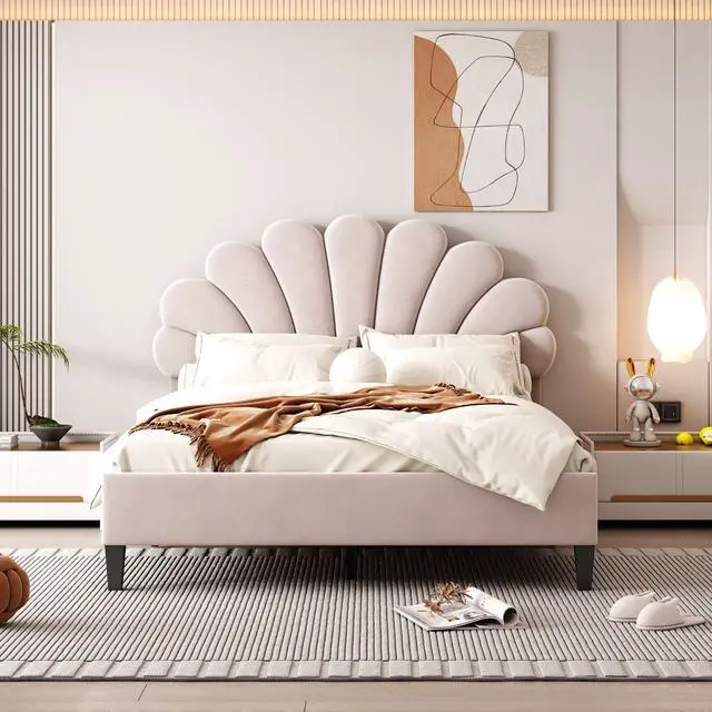 Main image of Full Size Upholstered Platform Bed With Flower Pattern Velvet Headboard, Beige