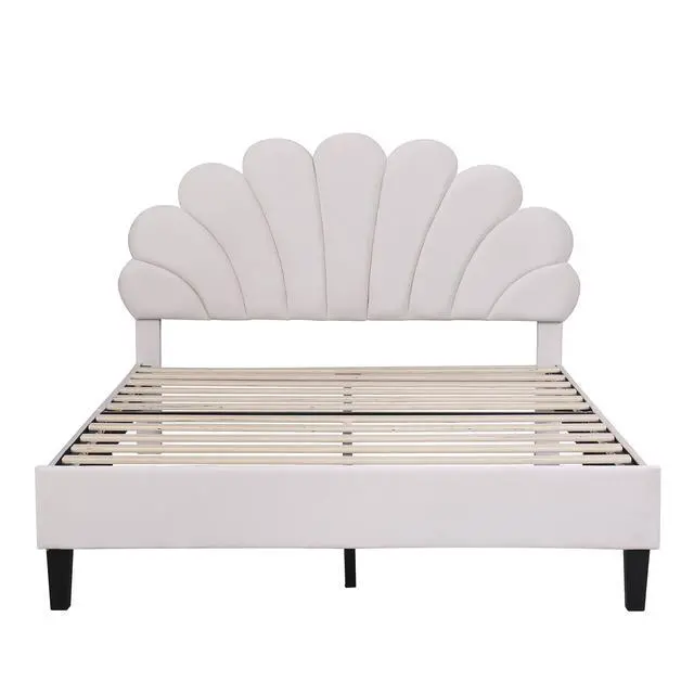 Alt view image 4 of 7 - Full Size Upholstered Platform Bed With Flower Pattern Velvet Headboard, Beige