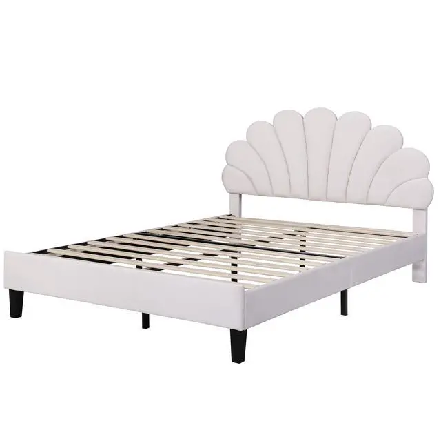 Alt view image 5 of 7 - Full Size Upholstered Platform Bed With Flower Pattern Velvet Headboard, Beige