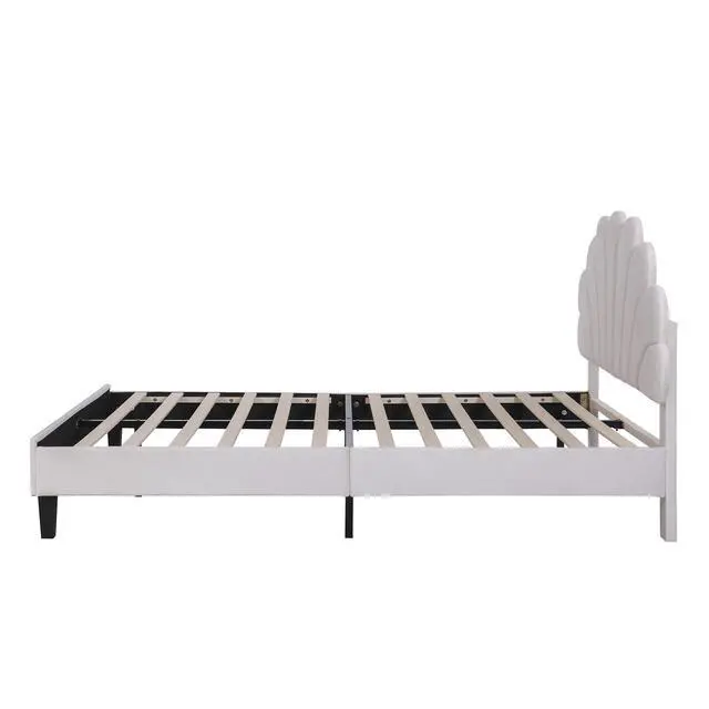 Alt view image 6 of 7 - Full Size Upholstered Platform Bed With Flower Pattern Velvet Headboard, Beige