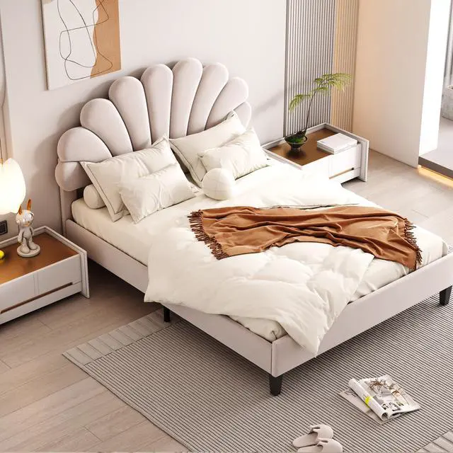 Alt view image 3 of 7 - Full Size Upholstered Platform Bed With Flower Pattern Velvet Headboard, Beige