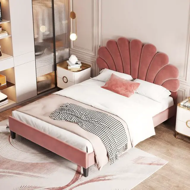Alt view image 2 of 7 - Full Size Upholstered Platform Bed With Flower Pattern Velvet Headboard, Bean Paste Red