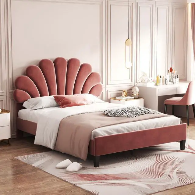Alt view image 3 of 7 - Full Size Upholstered Platform Bed With Flower Pattern Velvet Headboard, Bean Paste Red