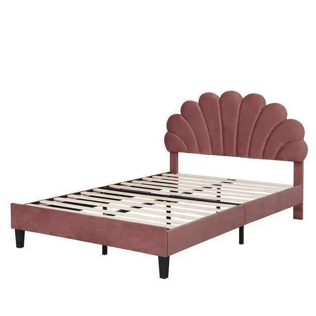 Alt view image 5 of 7 - Full Size Upholstered Platform Bed With Flower Pattern Velvet Headboard, Bean Paste Red