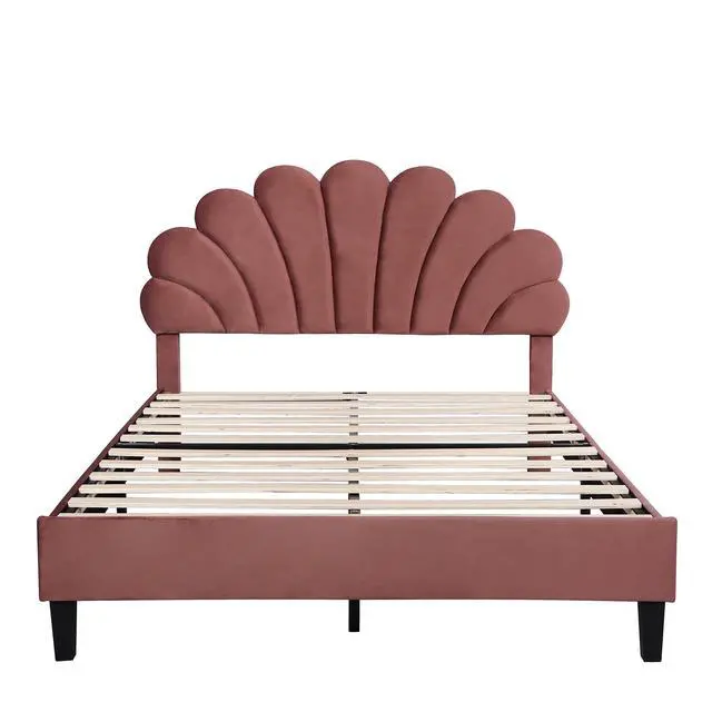 Alt view image 4 of 7 - Full Size Upholstered Platform Bed With Flower Pattern Velvet Headboard, Bean Paste Red