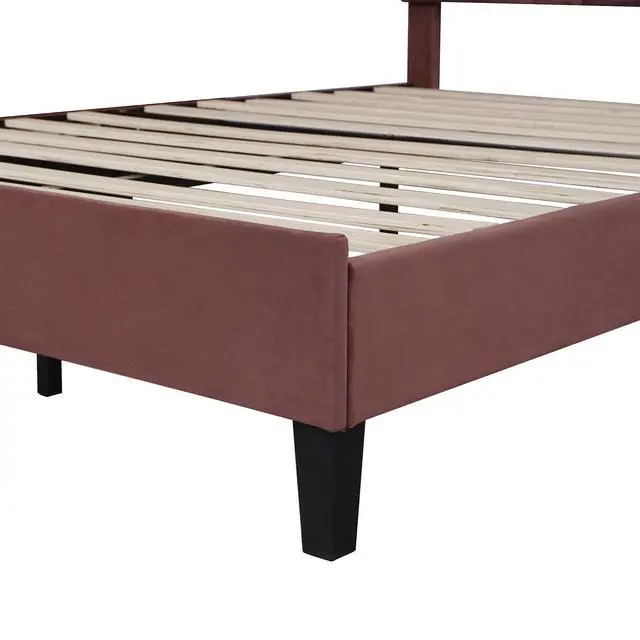 Alt view image 6 of 7 - Full Size Upholstered Platform Bed With Flower Pattern Velvet Headboard, Bean Paste Red