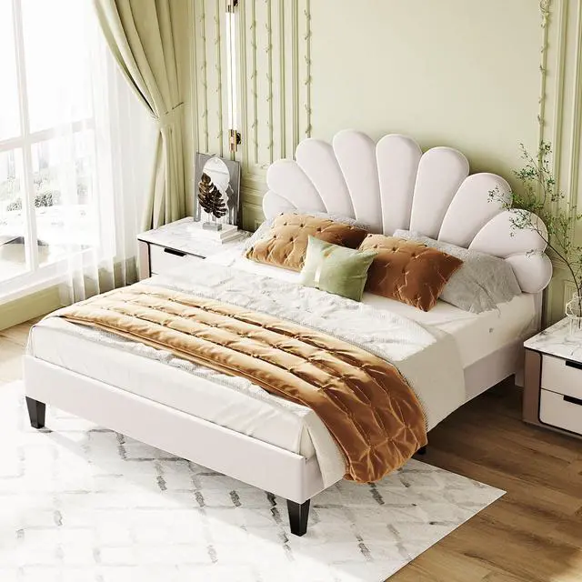 Alt view image 2 of 7 - Queen Size Upholstered Platform Bed With Flower Pattern Velvet Headboard, Beige