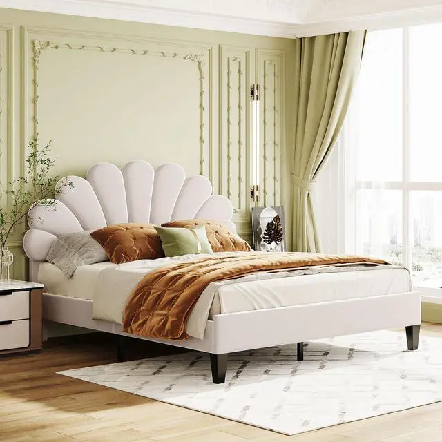 Main image of Queen Size Upholstered Platform Bed With Flower Pattern Velvet Headboard, Beige