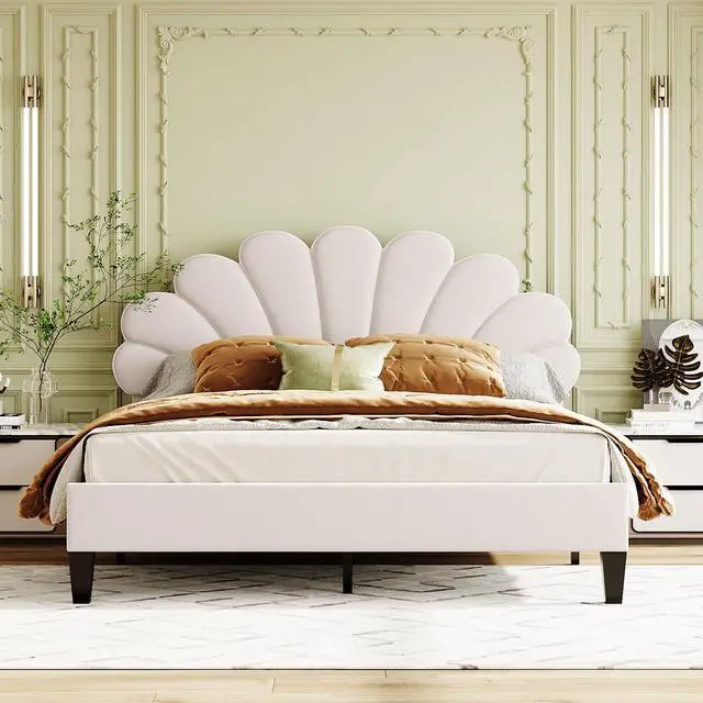 Alt view image 3 of 7 - Queen Size Upholstered Platform Bed With Flower Pattern Velvet Headboard, Beige