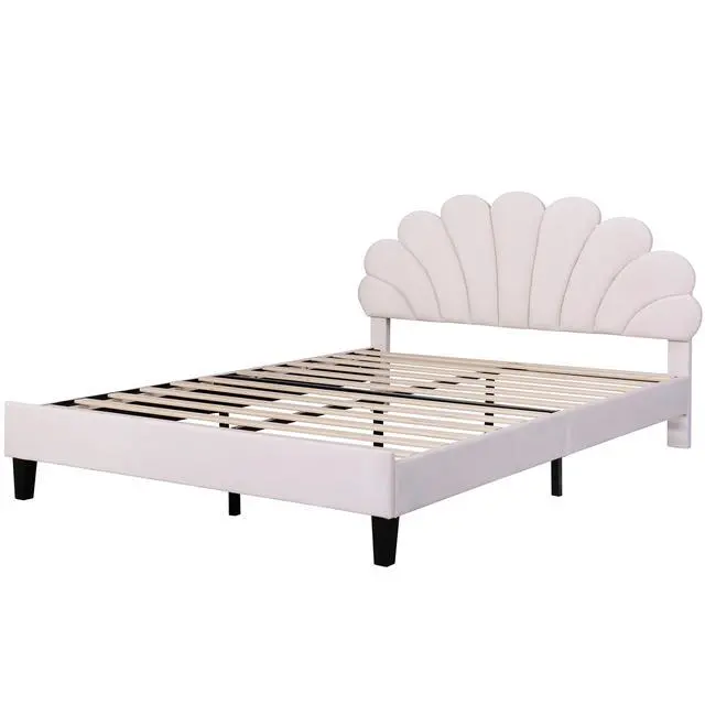 Alt view image 5 of 7 - Queen Size Upholstered Platform Bed With Flower Pattern Velvet Headboard, Beige