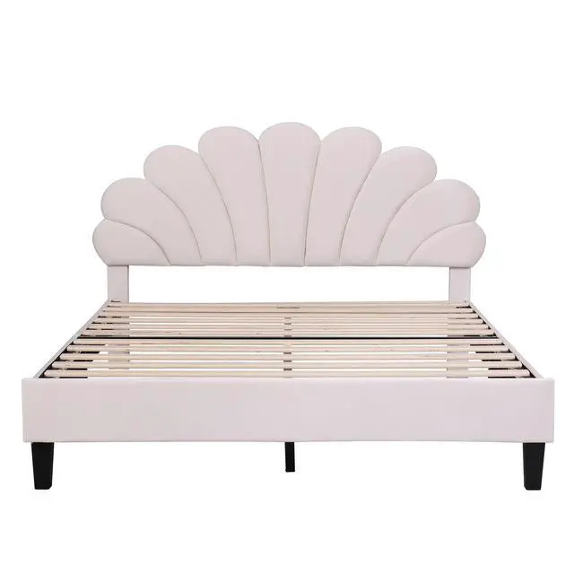 Alt view image 4 of 7 - Queen Size Upholstered Platform Bed With Flower Pattern Velvet Headboard, Beige