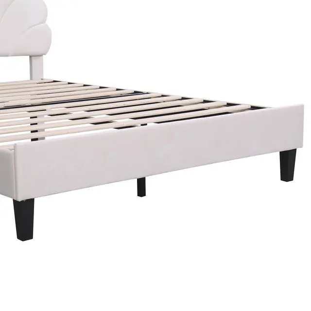 Alt view image 6 of 7 - Queen Size Upholstered Platform Bed With Flower Pattern Velvet Headboard, Beige