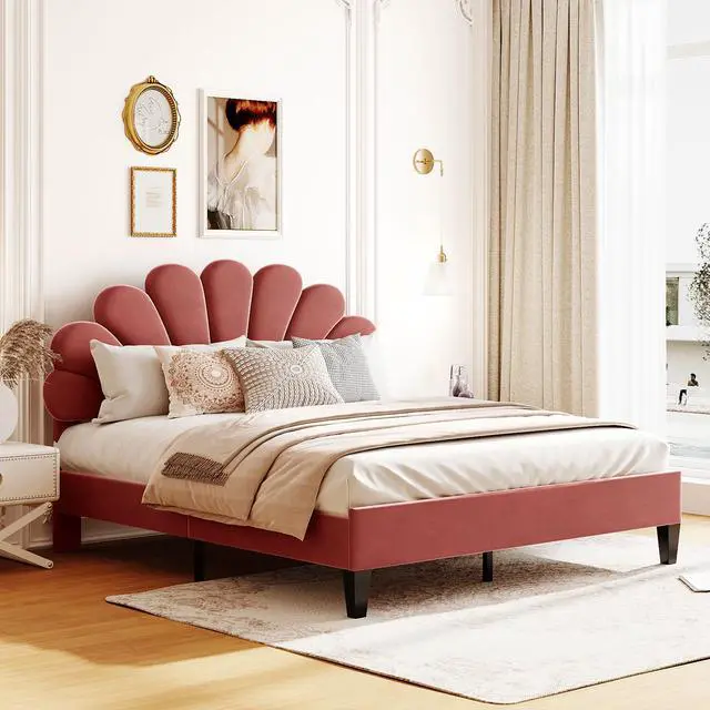 Main image of Queen Size Upholstered Platform Bed With Flower Pattern Velvet Headboard, Bean Paste Red