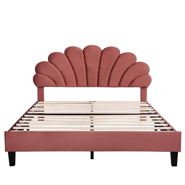 Alt view image 4 of 7 - Queen Size Upholstered Platform Bed With Flower Pattern Velvet Headboard, Bean Paste Red
