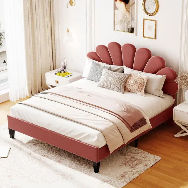 Alt view image 2 of 7 - Queen Size Upholstered Platform Bed With Flower Pattern Velvet Headboard, Bean Paste Red