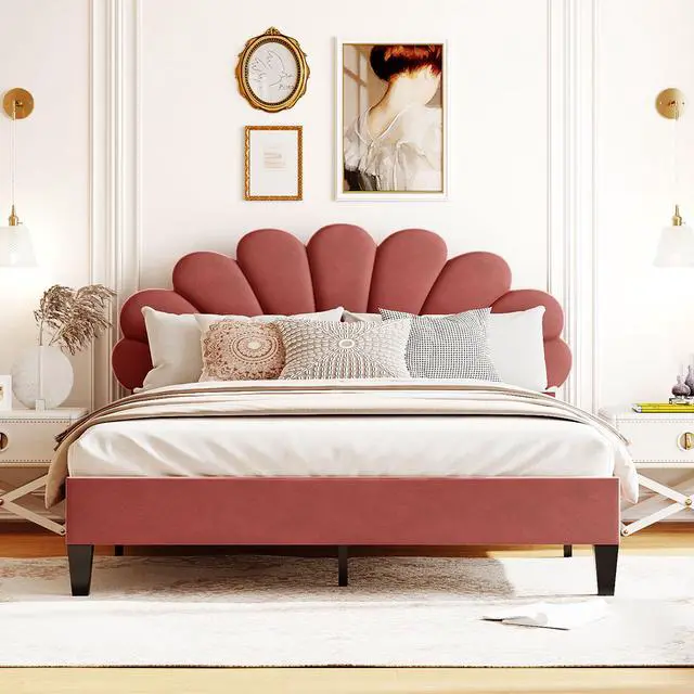 Alt view image 3 of 7 - Queen Size Upholstered Platform Bed With Flower Pattern Velvet Headboard, Bean Paste Red