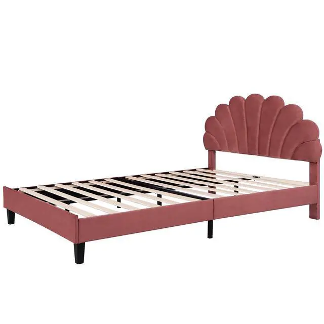 Alt view image 5 of 7 - Queen Size Upholstered Platform Bed With Flower Pattern Velvet Headboard, Bean Paste Red