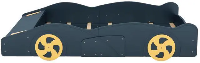 Main image of Full Size Race Car-Shaped Platform Bed With Wheels And Storage, Dark Blue+Yellow