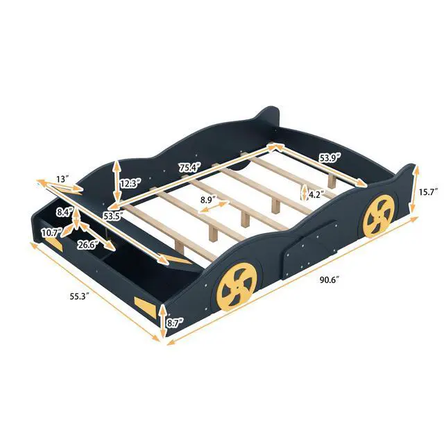 Alt view image 3 of 7 - Full Size Race Car-Shaped Platform Bed With Wheels And Storage, Dark Blue+Yellow