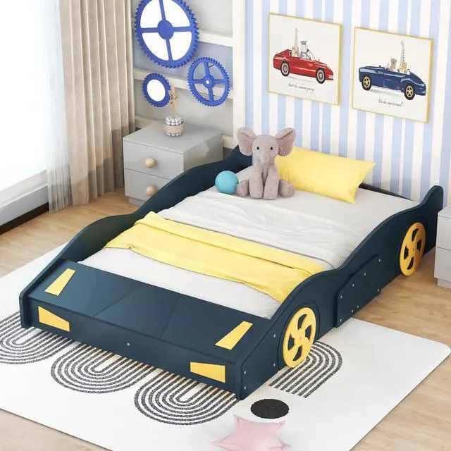 Alt view image 2 of 7 - Full Size Race Car-Shaped Platform Bed With Wheels And Storage, Dark Blue+Yellow