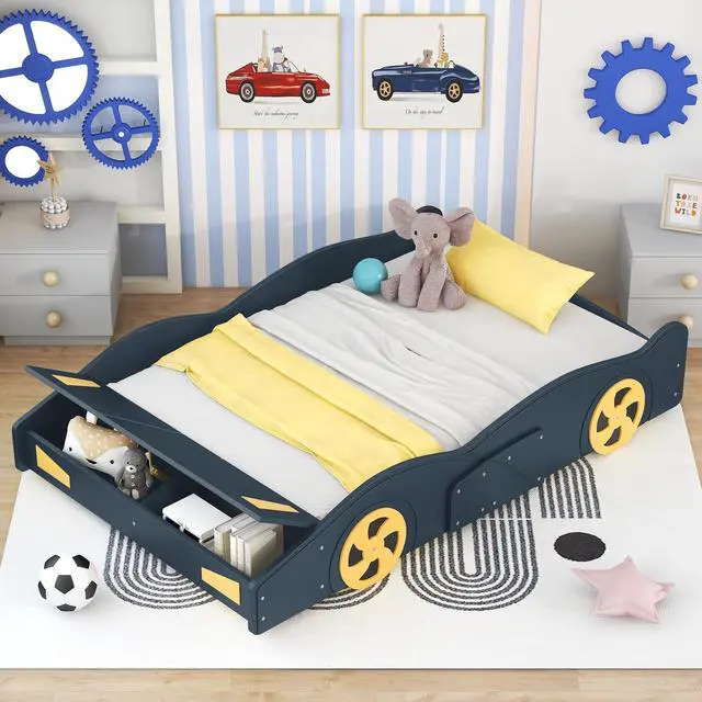 Alt view image 4 of 7 - Full Size Race Car-Shaped Platform Bed With Wheels And Storage, Dark Blue+Yellow