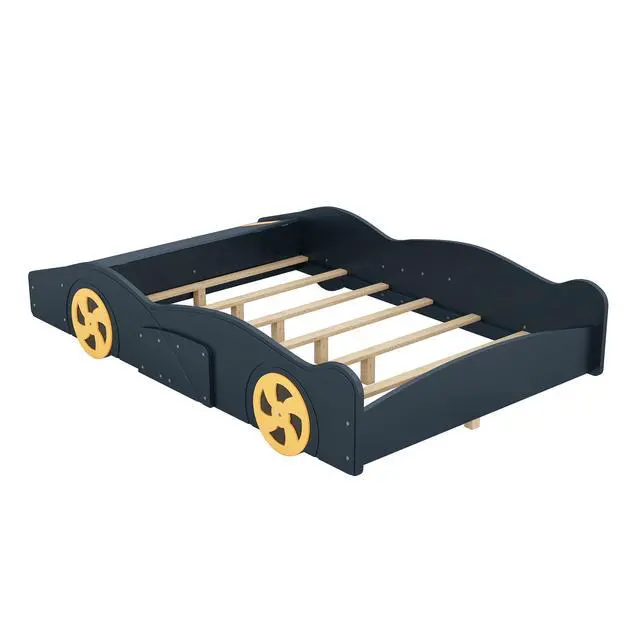 Alt view image 7 of 7 - Full Size Race Car-Shaped Platform Bed With Wheels And Storage, Dark Blue+Yellow