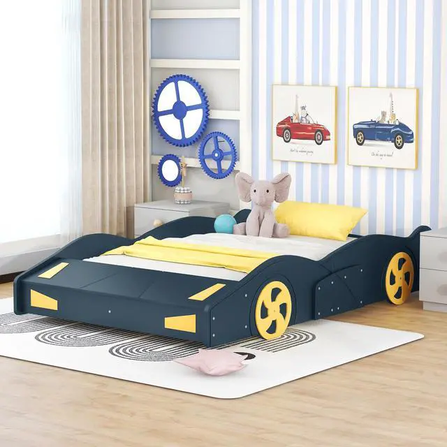 Alt view image 5 of 7 - Full Size Race Car-Shaped Platform Bed With Wheels And Storage, Dark Blue+Yellow