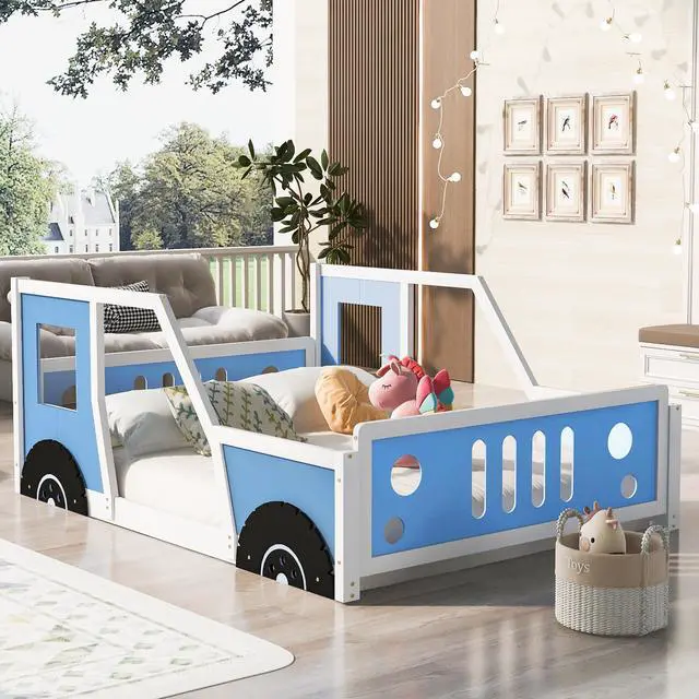 Alt view image 2 of 7 - Full Size Classic Car-Shaped Platform Bed With Wheels,Blue