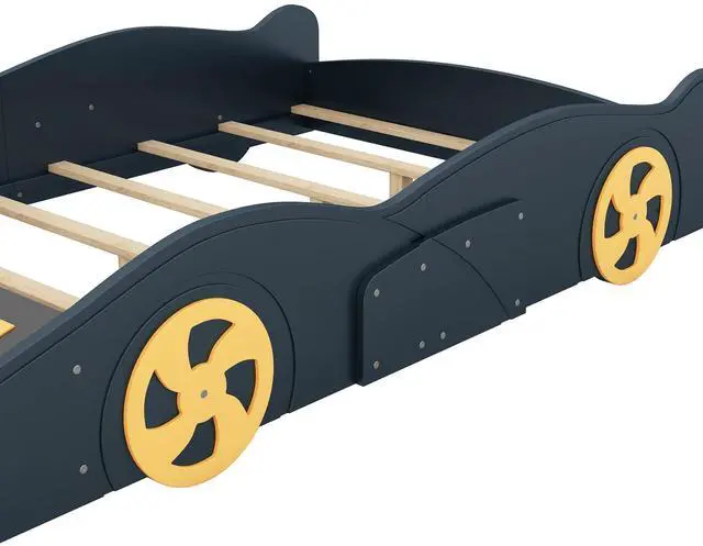 Alt view image 6 of 7 - Full Size Race Car-Shaped Platform Bed With Wheels And Storage, Dark Blue+Yellow